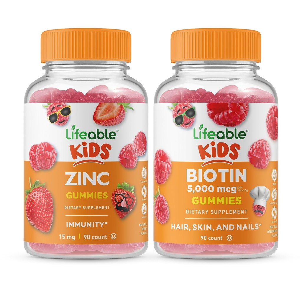 Elujõulised tsingilapsed + Biotiinilapsed, Gummies Bundle - suurepärane maitse, vitamiinilisand, gluteenivaba, GMO-vaba, närimiskumm
