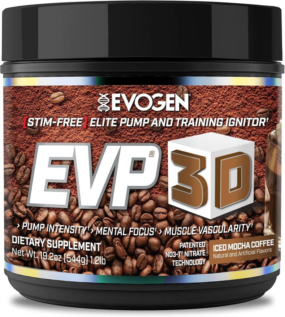 Evogen EVP 3D - Stim Free Pre Workout Powder meestele ja naistele | Sugar Free Non Stim Preworkout koos beeta-alaniin ja Kreatiin energia ja pumba | Iced Mocha Coffee | 40 Servings