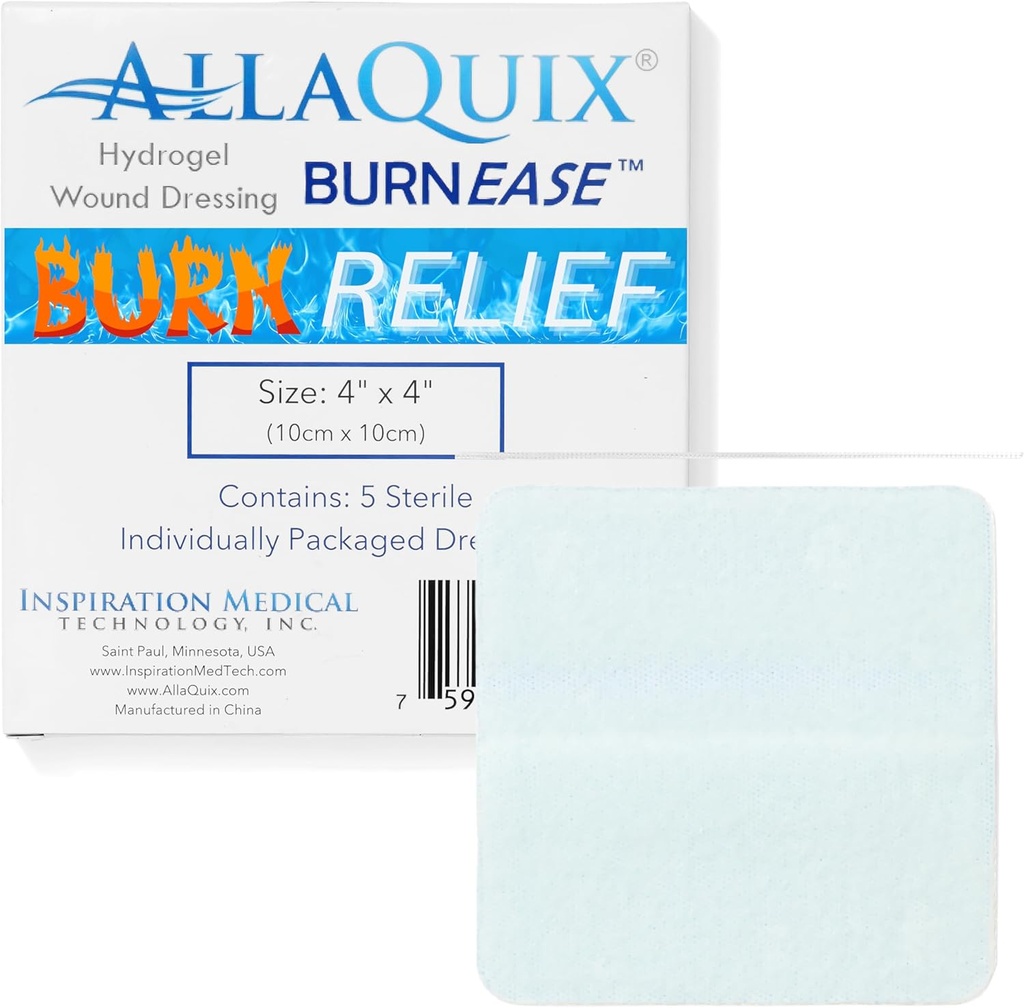 BurnEaseTM Hydrogel Burn Dressing Pads by AllaQuix – XL 4" Sterile Pads (Box of 5) | Kiire jahutamine Relief Burns, Scalds, Sunburn | Niiske haavade ravigeel esmaabi ja hädaabi põletushooldus