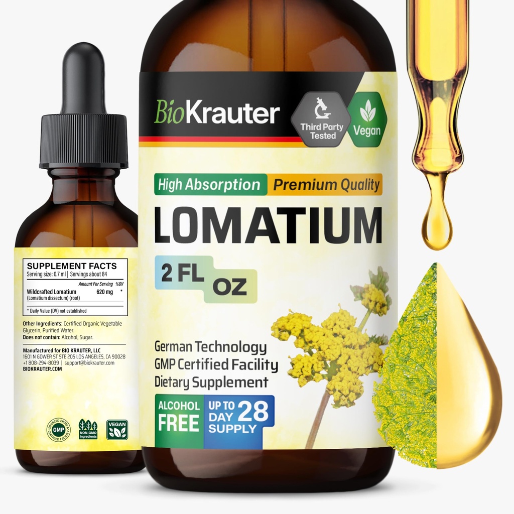 BIO KRAUTER Lomatium Juur Tinktuur - Vegan Respiratory Support Supplement - Lomatium Dissectum Vedel Ekstrakt - Alkohol & Suhkruvaba - 2 Fl.Oz.