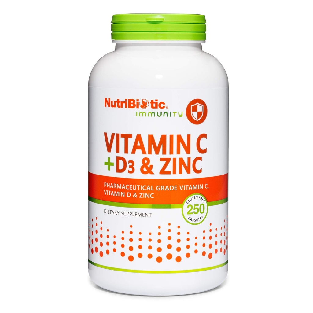 NutriBiotic – C-vitamiin + D3-vitamiin ja tsink, 250 kapslit | potentne, terviklik immuuntoetus | oluline ja antioksüdantne päevane toidulisand | Gluteeni ja GMO-vaba