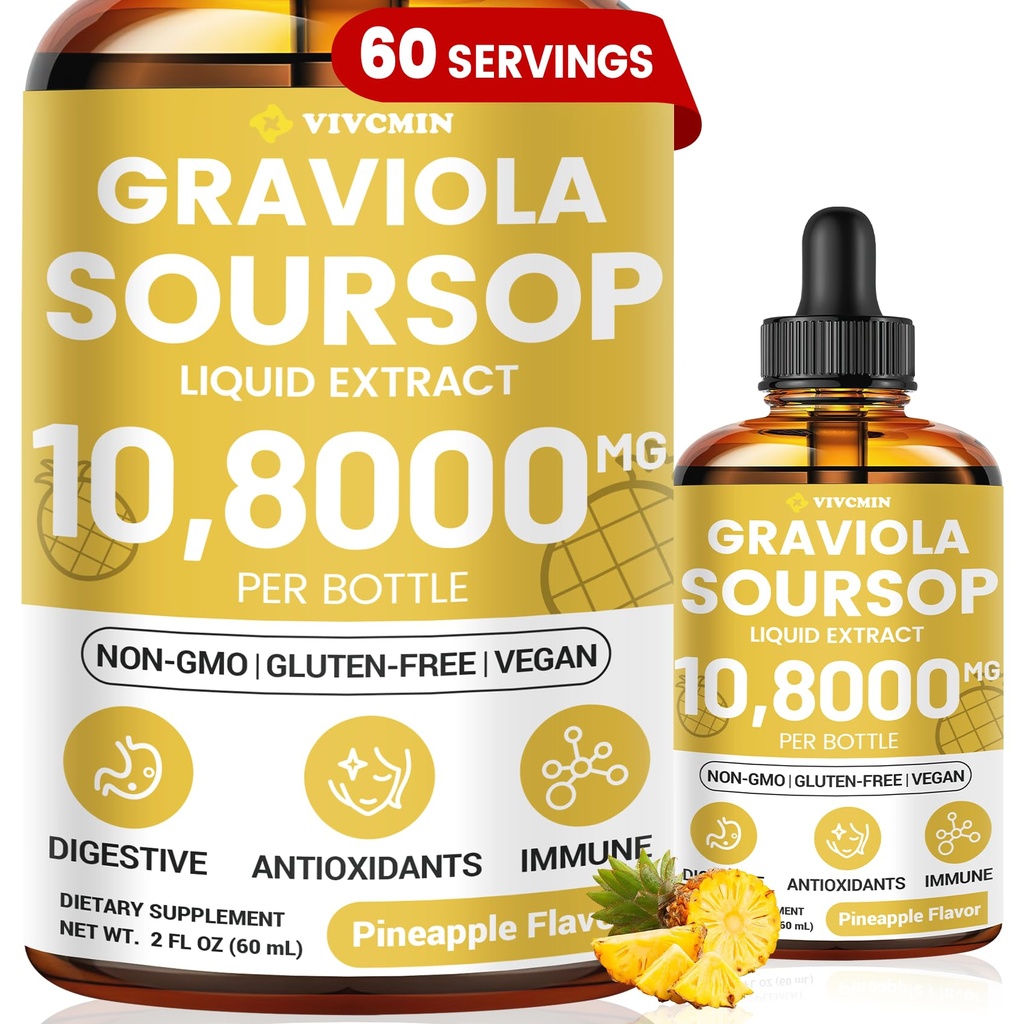 Graviola Soursop Leaf Extract Vedelik - Soursop Bitters Vedelik, Tugi Immuunsus, Lõdvestu, Maks ja uni, Suhkur ja alkoholivaba, Väga imenduv valem, Ananass Maitse, 2 Fl Oz