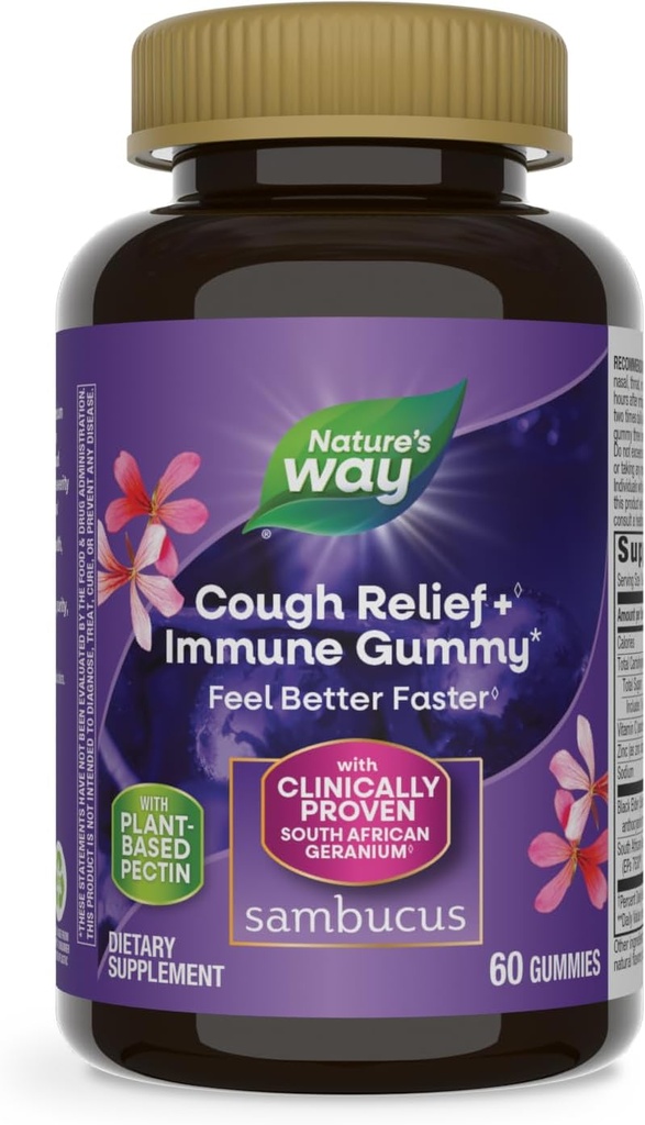 Nature's Way Sambucus Cough Relief +, Immune Gummy, tunne end paremini kiiremini, kliiniliselt tõestatud Lõuna-Aafrika Geranium Root Extract, Elderberry Extract, C-vitamiin ja tsink, 60 Gummies (pakendamine võib varieeruda)