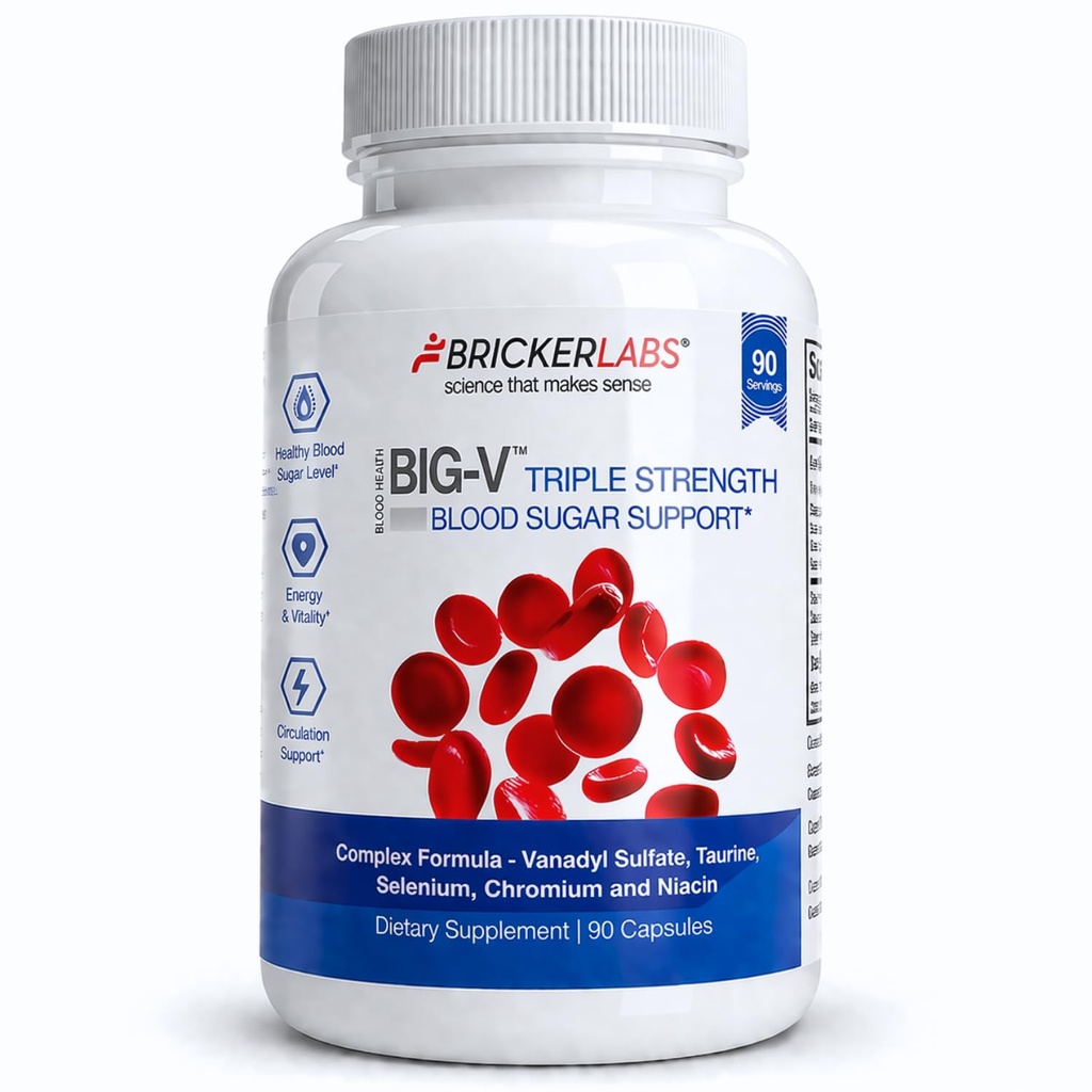Bricker Labs Big-V Triple Tugevus Vanadyl Supplement: Vanadüülsulfaat 30 mg, Tauriin 600 mg, Seleen, kroom ja niatsiin, segatud mineraallisandi kapslid 90 ct