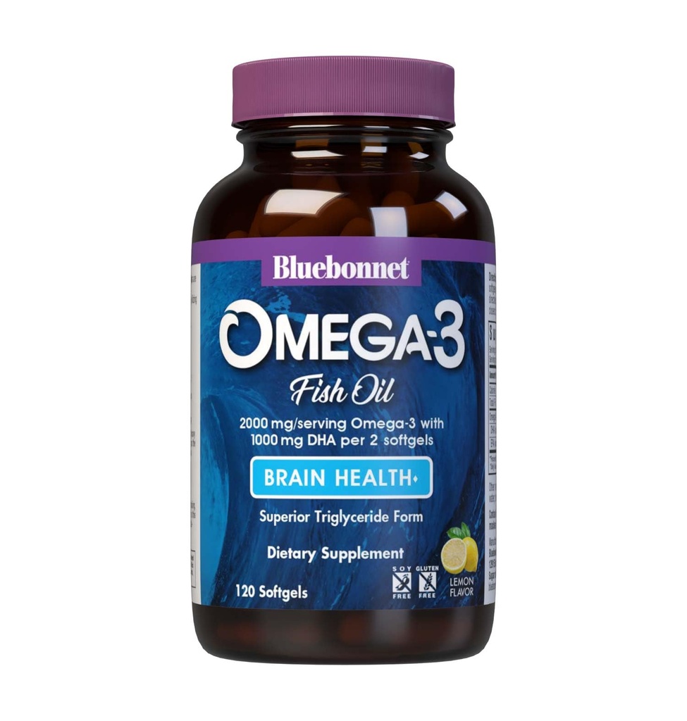 BlueBonnet Nutrition Omega-3 Brain Formula Natural Wild Püütud triglütseriidide vorm DHA 1000 mg EPA 210 mg, väga kontsentreeritud kognitiivse tervise ja heaolu tugilisa, Gluteenivaba softgel, kollane / selge, sidrun, 120 krahv