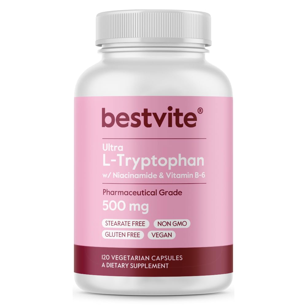 BESTVITE L-trüptofaan 500mg koos B3 & B6 (120 taimset kapslit) - Ei täiteaineid - ei Stearates
