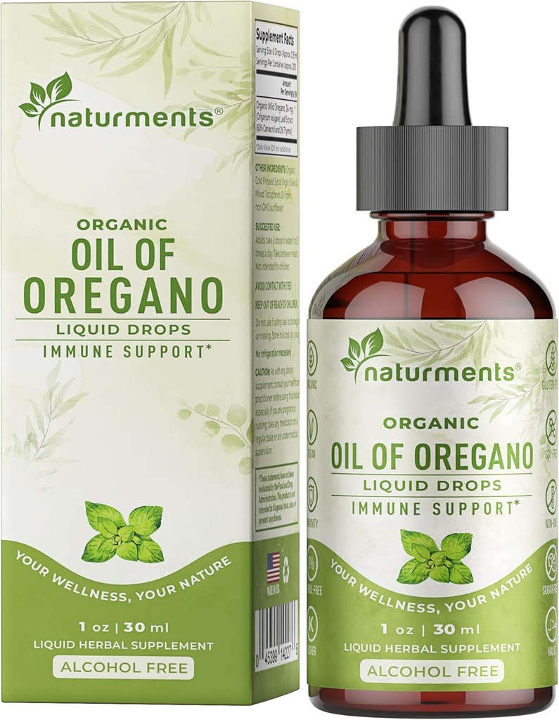 Naturments Oregano Oil Drops for Immune Support & Gut Health. Vegan, Non-GMO, Sugar Free & Gluten Free Organic Wild Mediterranean Oregano Oil with Organic Extra Virgin Olive Oil - 1 Fl Oz 30 Ml