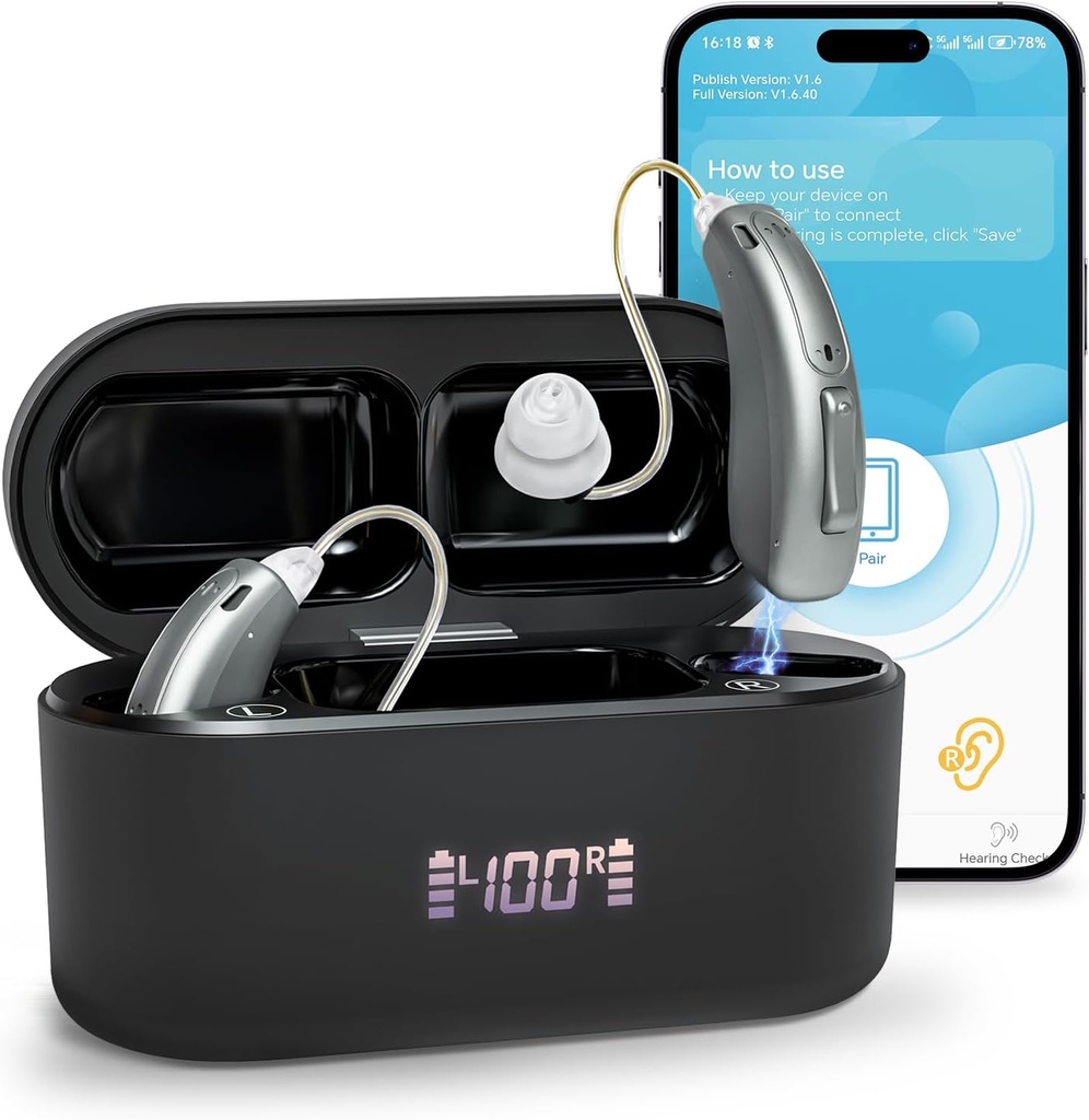 Kuuldeaparaadid (mitte võimendid), Bluetooth-laetavad kuuldeaparaadid eakatele täiskasvanutele, hea helikvaliteediga OTC nutikas kuulmisabi koos müra tühistamisega, Bluetooth-toega ja rakenduse juhtimine, 4 režiimi