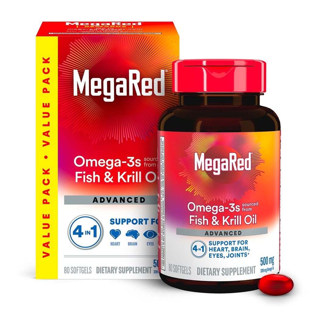 Megared Omega-3 Fish Oil + High Absorbtion Krill Oil 500mg Softgels, MegaRed Advanced 4in1 (80 loe pudelis) Kontsentreeritud Omega-3 Fish & Krill Oil Supplement