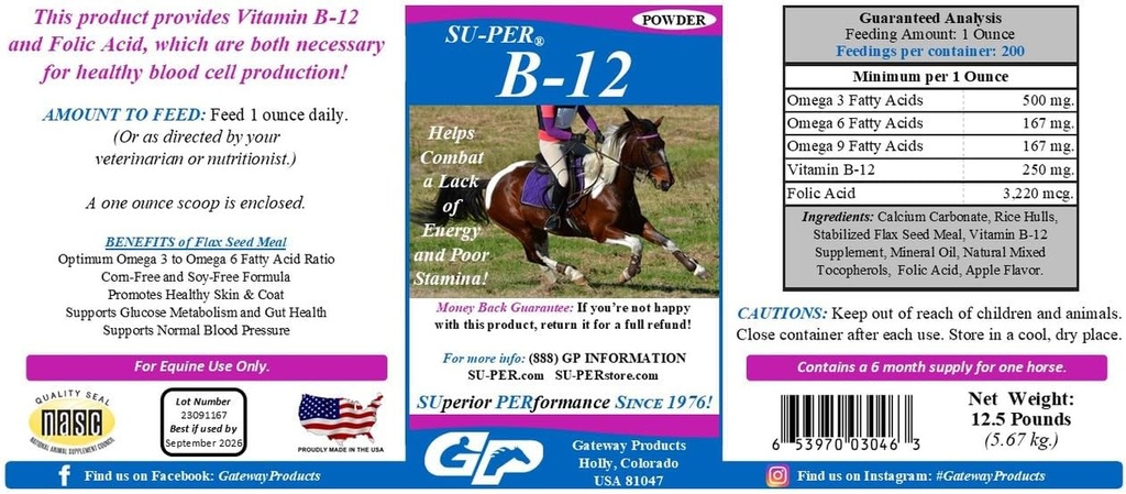 SU-PER B-12 Energy Horse Supplement - Hobuste vitamiinid B-12 ja B-9 Foolhappe tugipulber - 12,5 naela, 6 kuu pakkumine