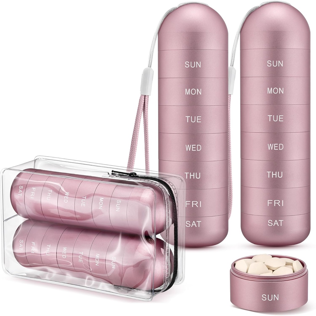 [2 Pack] Zannaki Metal Travel Pill Korraldaja, kaasaskantav veekindel iganädalane pillide karp, suur alumiiniumist legeeritud pillide korpuse konteiner, BPA tasuta 7-päevane meditsiinikorraldaja Vitamiini, täiendus