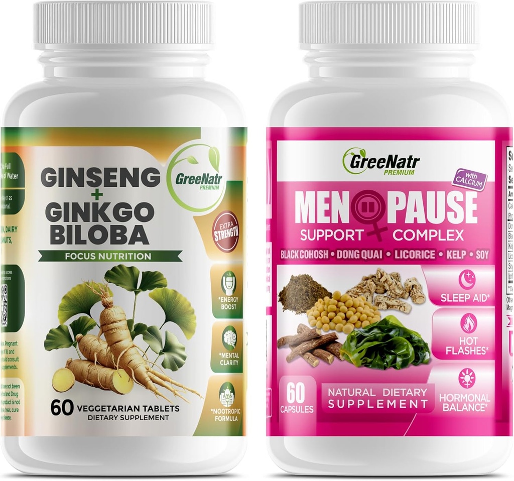 Optimaalsed terviselahendused: taimse menopausi tugi ja ženšenn + Ginkgo Biloba energia ja aju fookuse suurendamine meestele ja naistele