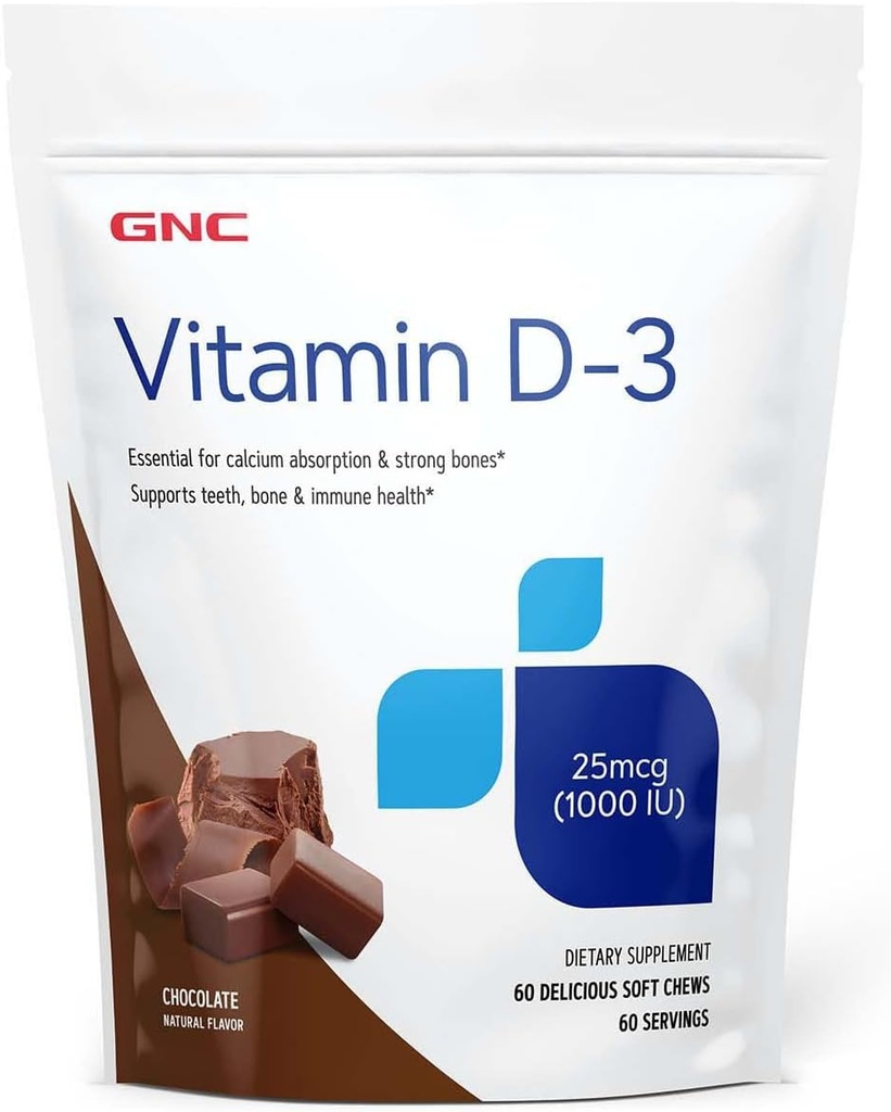 GNC vitamiin D-3 pehmed närid 1000 IU - šokolaad | annab 125% D-vitamiini päevasest väärtusest | 60 pehmet närimist
