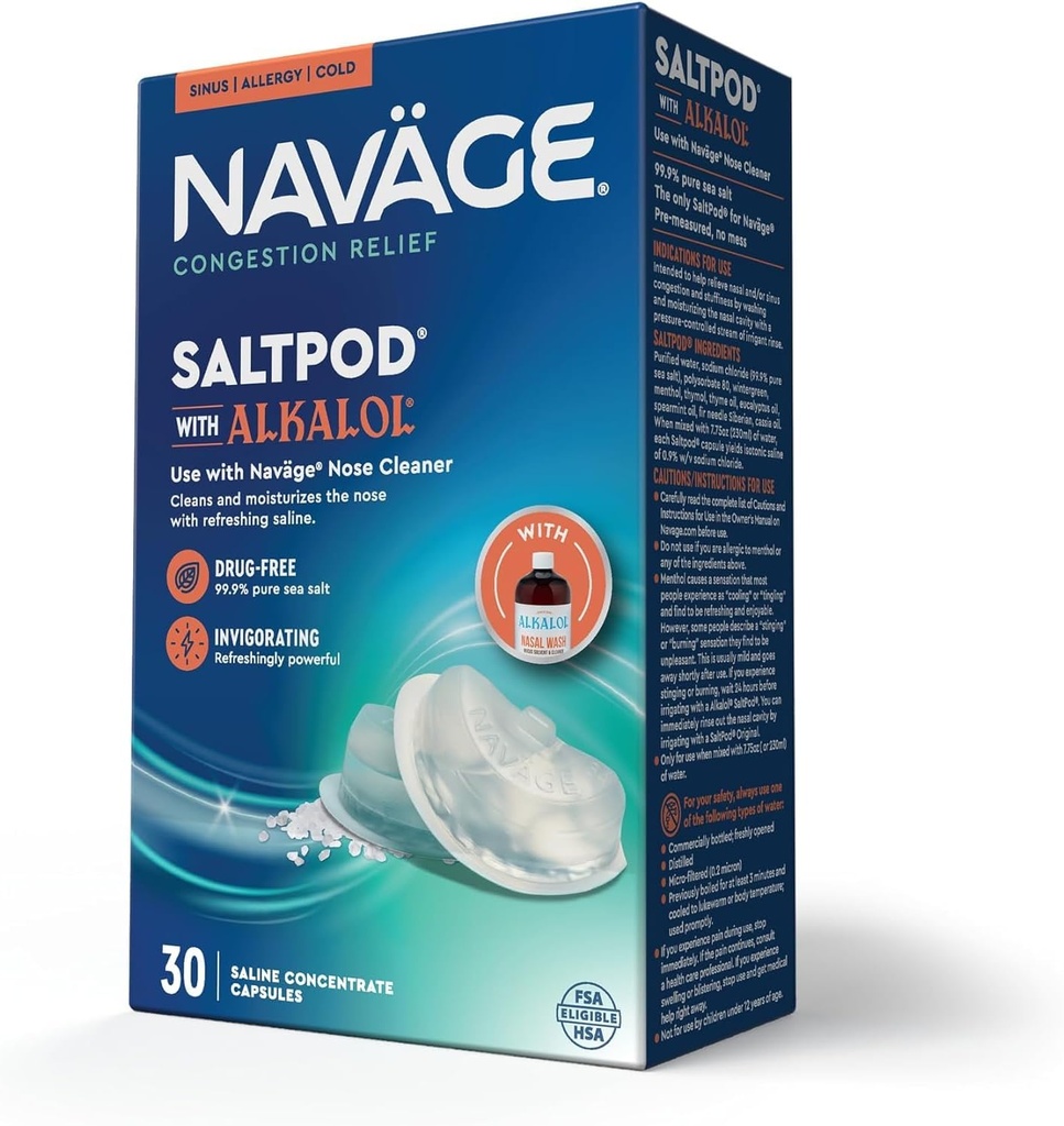 Navage SaltPod w/Alkalol 30 Pack (30 SaltPods) Soola Pod Täidab ainult - Eksklusiivselt disainitud nina niisutussüsteem - Sinus Rinse ja Alkalol Pods kiireks ja rahustavaks leevendamiseks