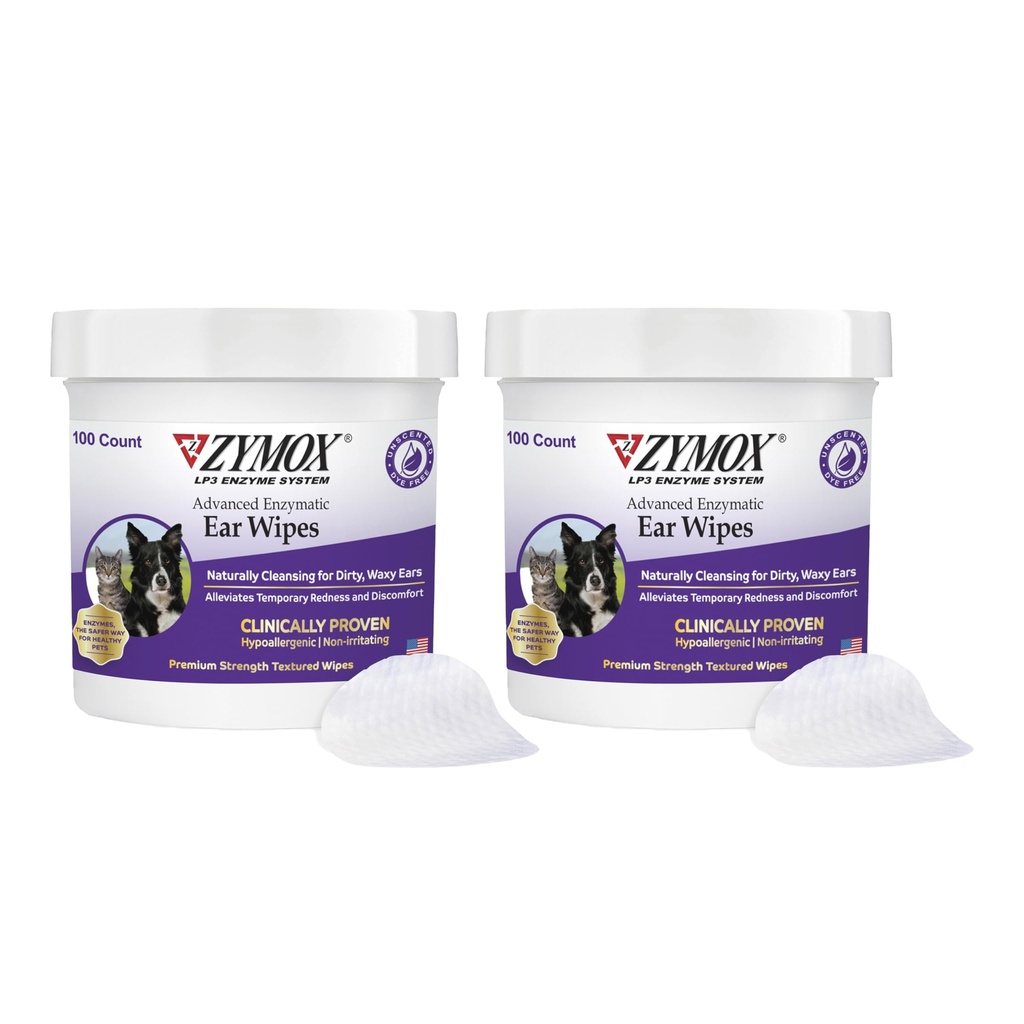 Zymox Advanced Enzymatic Ear Wipes koertele ja kassidele - räpastele, vahakatele, haisvatele kõrvadele - Premium Tugevus Kõrvapuhastaja - Mitteärritav - Hüpoallergeenne (100 Count-Pack of 2)