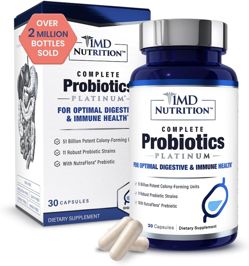 1MD Nutrition Complete Probiotics Platinum - w/Prebiotics and Probiotics for Digestive Health - Probiotic Supplement for Women & Men - More Than 50 Billion Live CFU 11 Strains Dairy-Free - 30 Caps