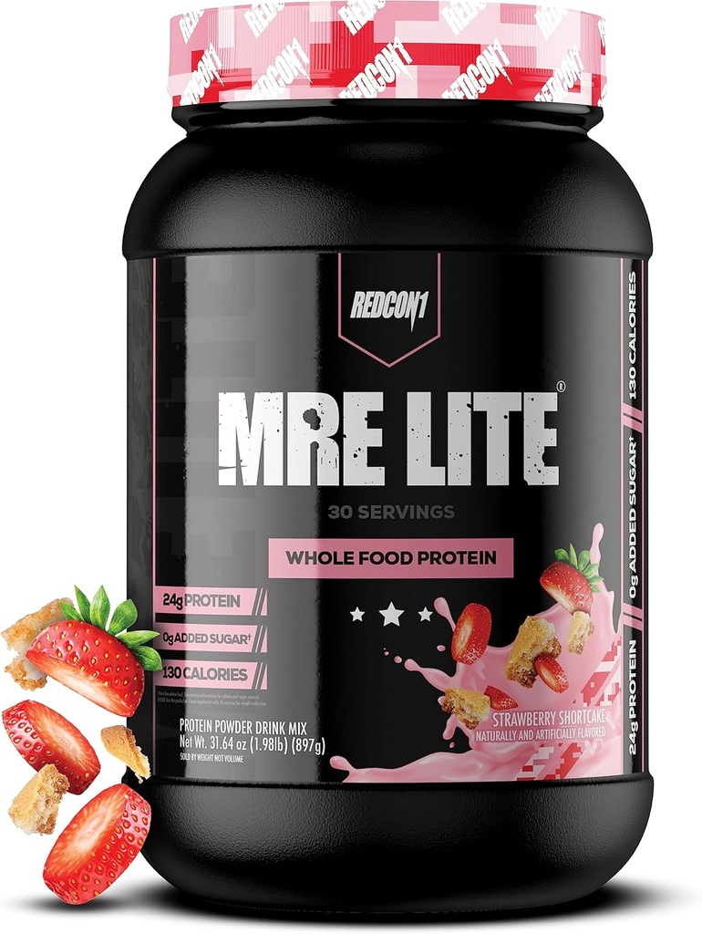 REDCON1 MRE Lite Whole Food Protein Powder, Strawberry Shortcake - Low Carb & Whey Free Meal Asendamine loomsete valkude segudega - lihtne seedida MCT õlidega valmistatud toidulisand (30 serveerimist)