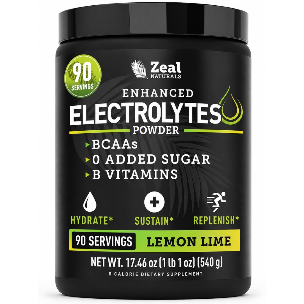 Zeal Naturals Electrolyte Powder Recovery Drink (90 Servings | Sidruni lubi) w 0 Sugar +BCAAs + B-vitamiinid Elektrolüütlisand w kaaliumtsink & magneesium hüdreerimiseks - Ketoelektrolüüdid