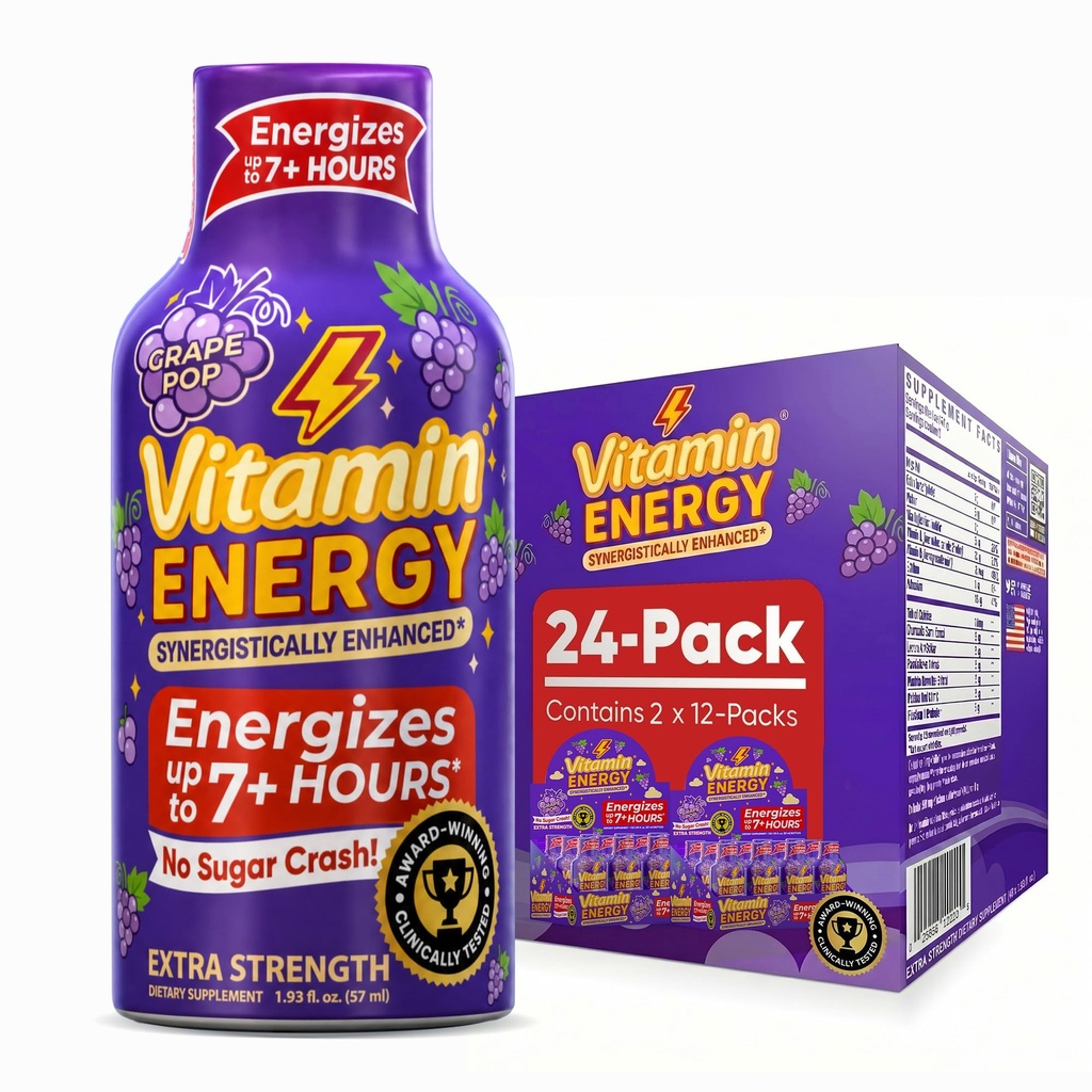 Vitamiinienergia fookus + ekstra tugevus Energia Shot Grape 24 Pack, 260mg looduslik kofeiin, B-vitamiinid, CoQ10, Aminohapped, fookus, tootlikkus ja selgus, nullsuhkur, gluteenivaba, 1,93 fl oz