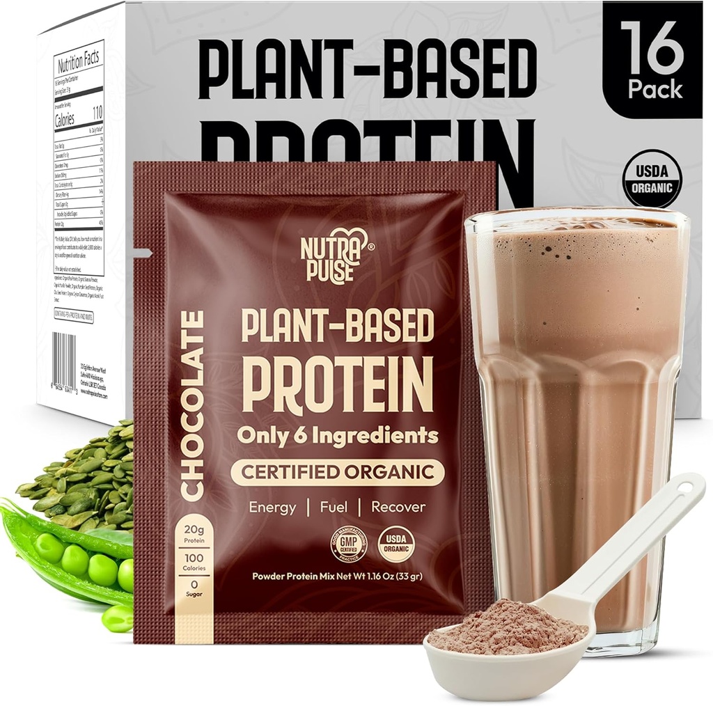 Organic Vegan Protein Powder Sample Pack - Plant-Based Protein, Gluten-Free, Non GMO, 20g Protein Per Serving, Great for Smoothies & Shakes (Chocolate, Pack of 16)