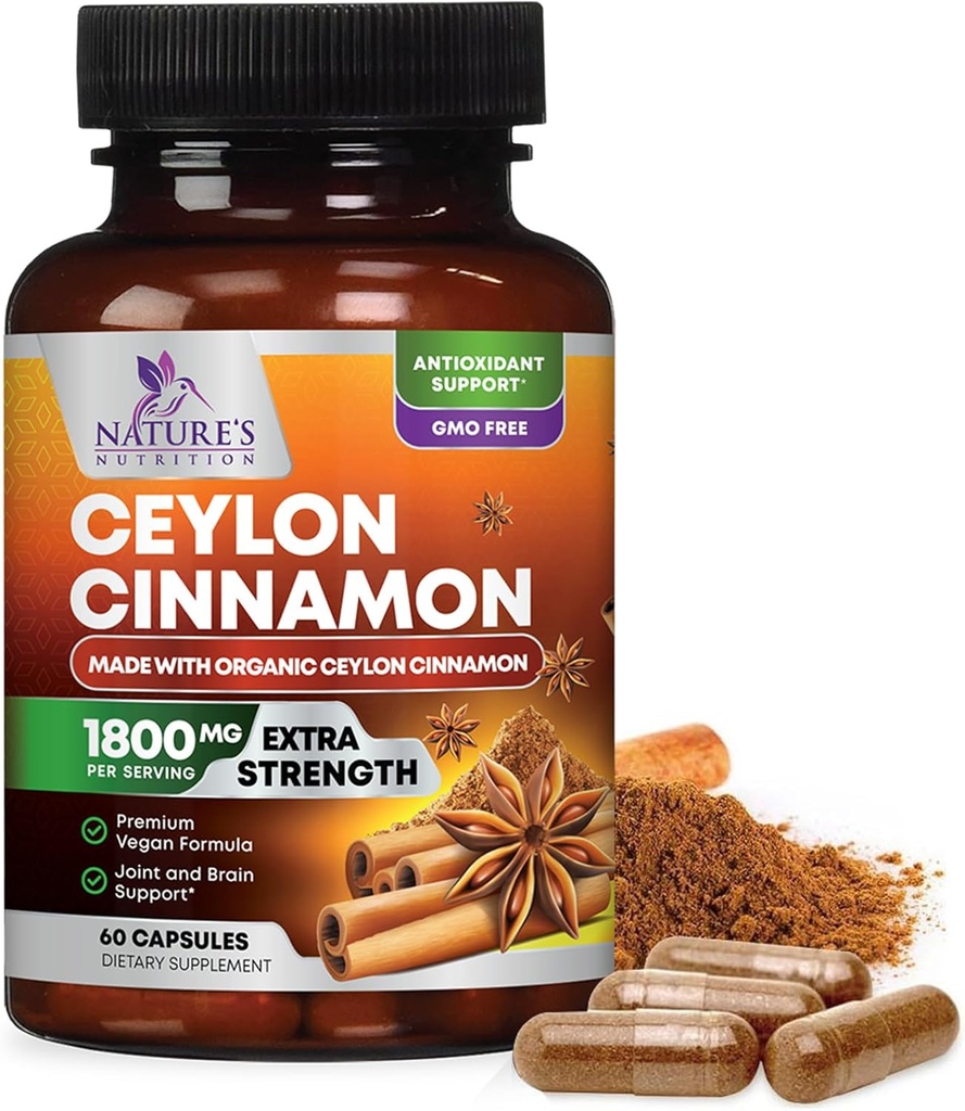 Orgaaniline Ceyloni kaneeli täiendus 1800mg - sertifitseeritud orgaaniline Ceyloni kaneelipulber pillid - energia ja südame toetus naistele ja meestele, villitud USAs, antioksüdant, gluteenivaba, mitte-GMO - 60 kapslit