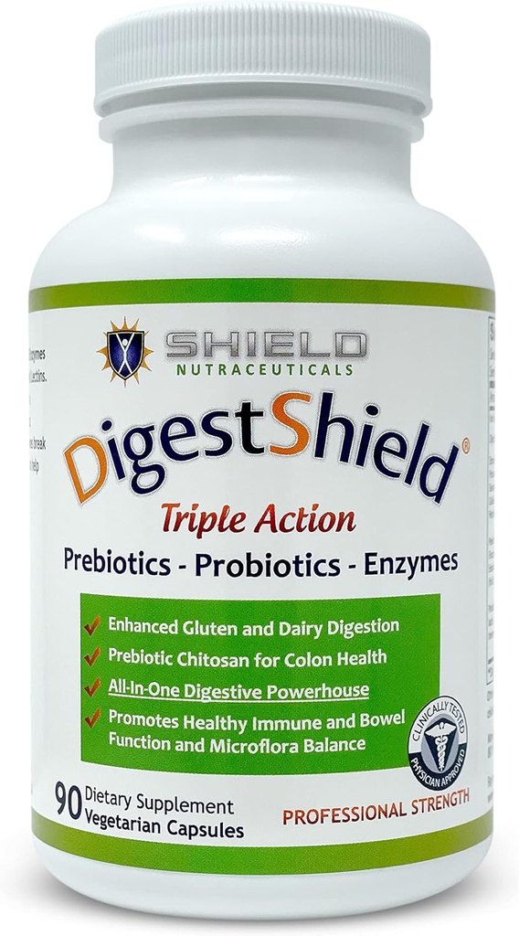DigestShield® probiootikum ja prebiootikumide täiendus + seedeensüümid, lööve, puhastage piima, gluteeni ja töödeldud toidud, vähendage rasva imendumist kitosaaniga, 90-toiduga