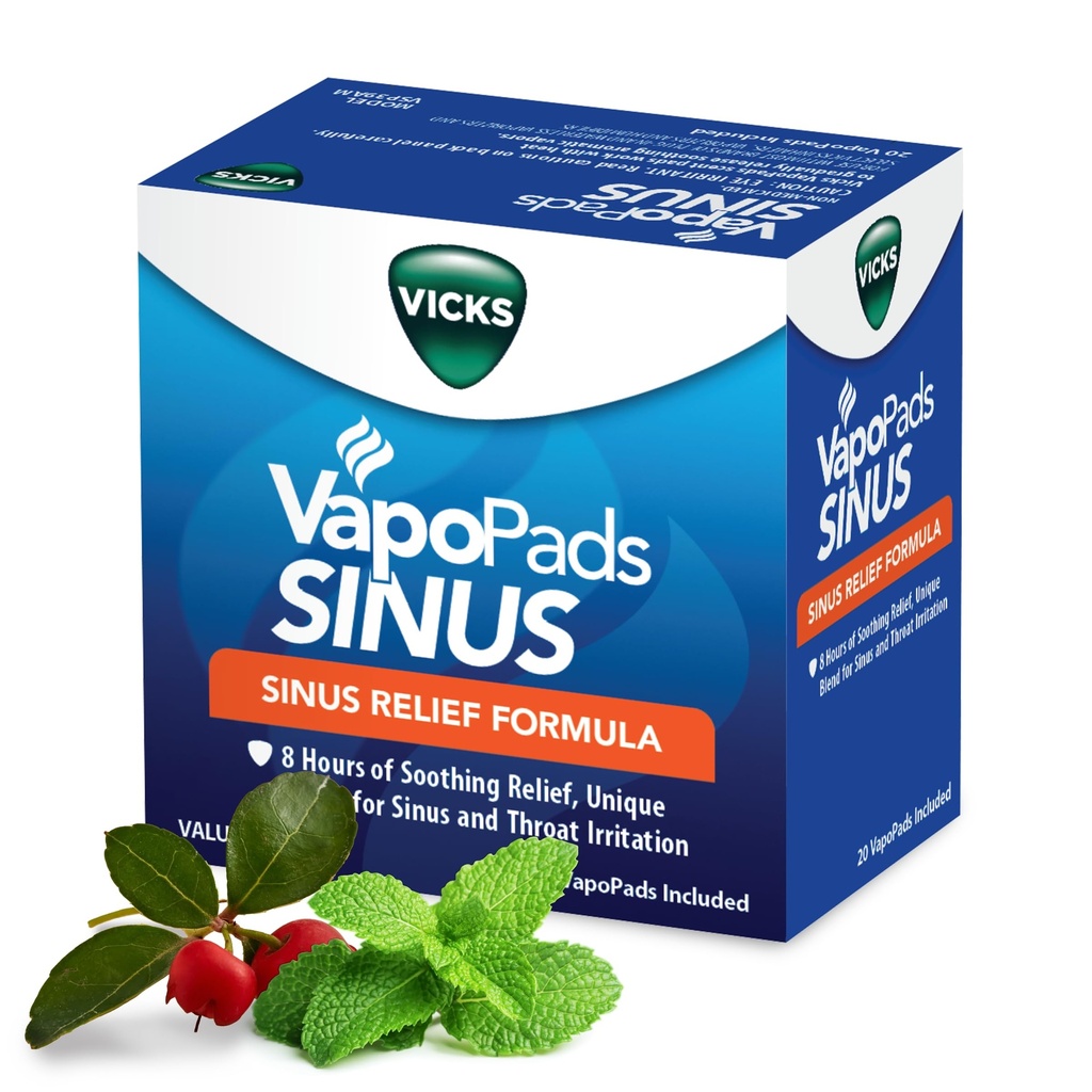 Vicks VapoPads Sinus Relief Valem - Aurupadjad Täide Vicks Niiskust ja Auru Inhalaatorid, Lõhnapadjad Siinus Ummistus ja kurguärritus, 20-Pakk, Kasti Värv Võib varieeruda