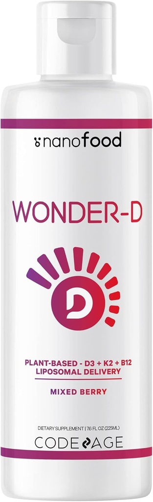 Codeage Liposomal Wonder-D, Vegan Kolekaltsiferool Vitamiin D3 1000 RÜ Vedelad tilgad Täiendus, Taimepõhised vitamiinid B12 & K2, Mitte-GMO päevalille fosfolipiidid, Vitamiin E, segatud marjamaitse, 7,6 fl oz