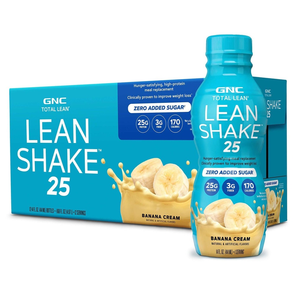 GNC Lean Shake 25 valgu raputamine, kliiniliselt tõestatud kehakaalu reguleerimine, toidu asendamine, 25 g valku nulllisandiga suhkruga, valmis jooma, banaanikreem, pakend 12