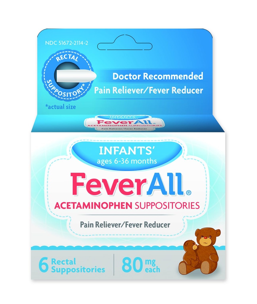 Feverall Infant Acetaminophen Suposiidid 6 Rektaalsed küünlad 80mg Iga valu leevendaja / palavik vähendaja Parabeen vaba, ei ole kunstlikke värve või muid säilitusaineid. Vanus 6–36 kuud