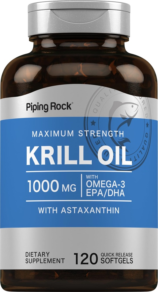 Piping Rock Krill Oil Omega 3 Softgel kapslid | 1000mg | 120 Count | EPA DHA täiendus astaksantiiniga | Maksimaalne tugevus | Mitte-GMO, Gluteenivaba