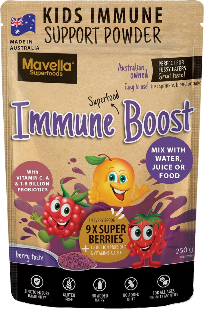 Lapsed Immune Support Powder - Immuunsüsteemi tugi C-vitamiiniga A + E, magneesiumi ja probiootikumidega 9 supermarjaga - Berry Maitse Immunity Gummies Alternatiivne 8,82oz (250 g)