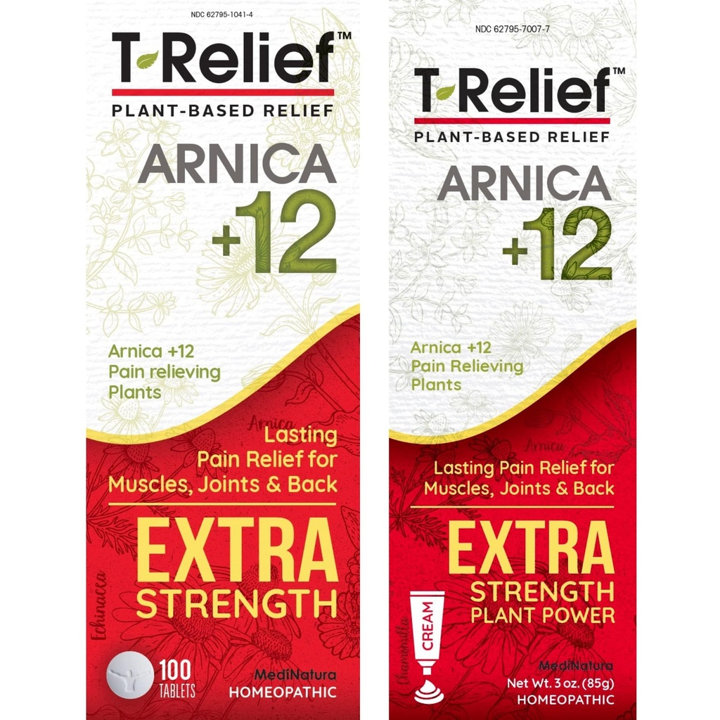 MediNatura T- Relief Extra Tugevus Valu Relief Arnica +12 Taimne valu Relievers 100ct Tablets T- Relief Extra Tugevus Valu Relief 3oz Cream Bundle