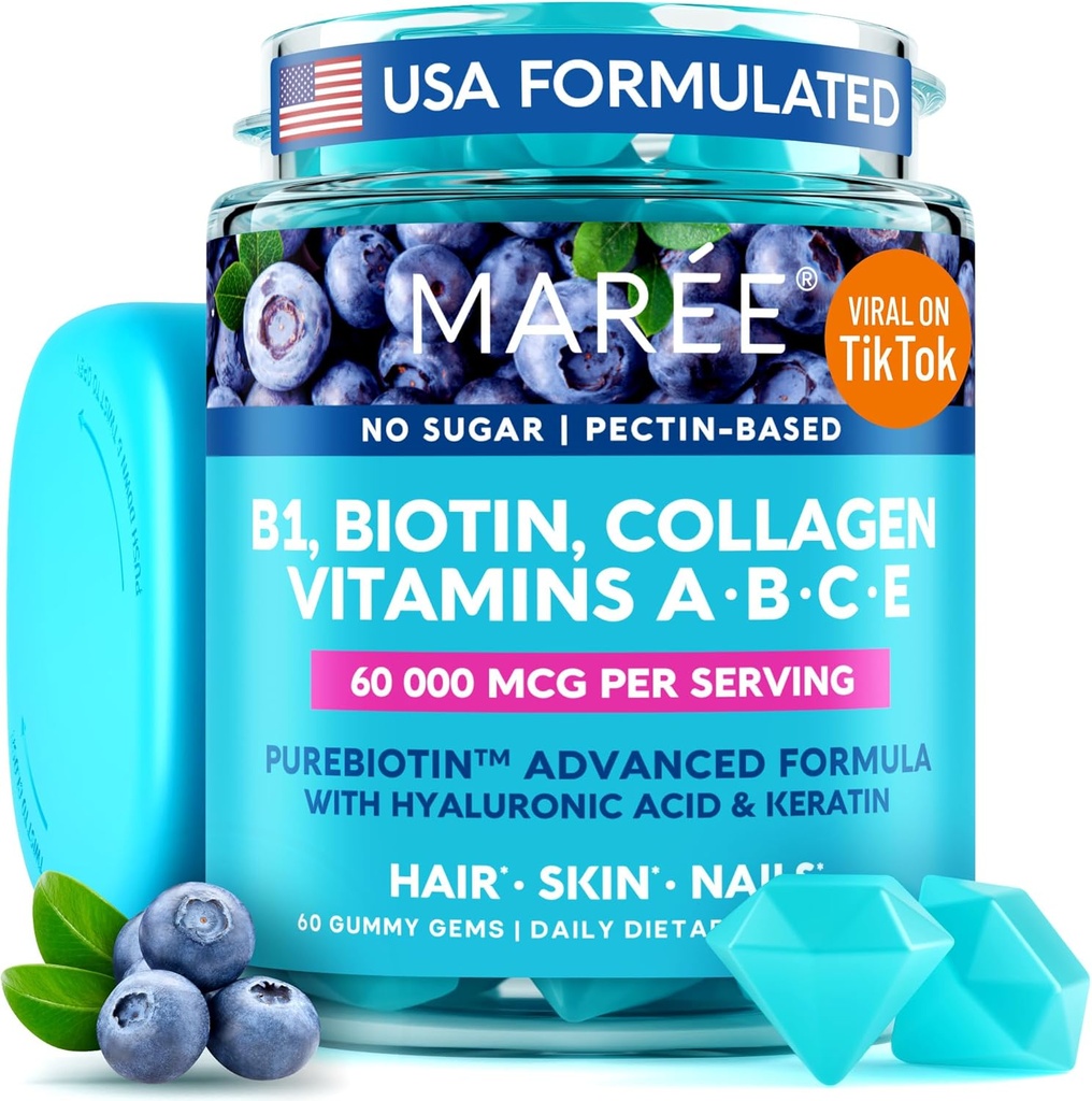 MAREE vitamiin B1 tiamiin ja B7 biotiinkummid - E D C-vitamiinide kompleks keratiini, kollageeni, hüaluroonhappe ja pantoteenhappega nahale, küüntele ja juustele