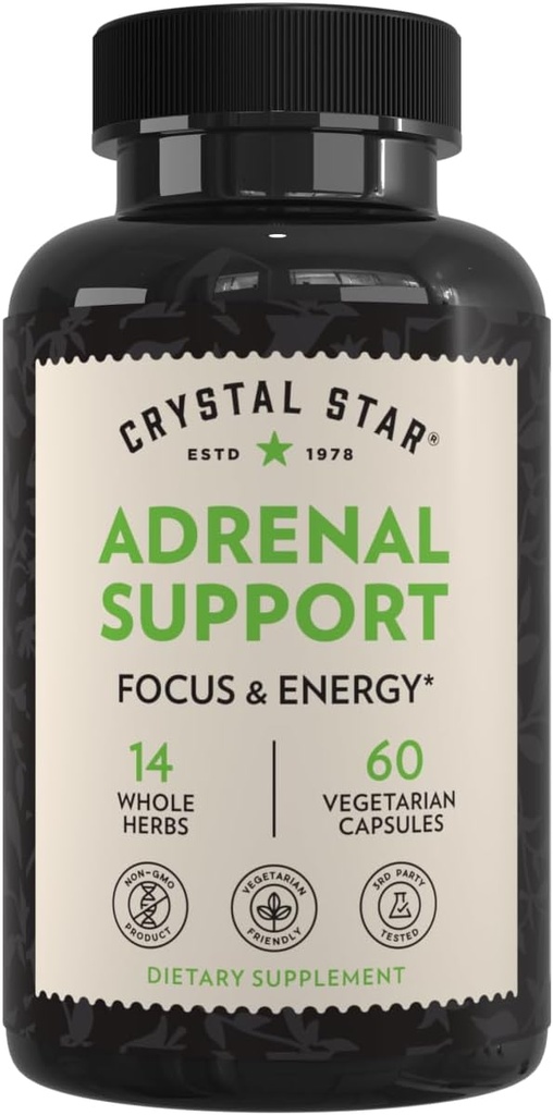 Crystal Star Adrenal Support Supplement (60 kapslit) - igapäevane taimse kortisooli lisa stressi leevendamiseks ja neerupealiste väsimus - Siberi Eleuthero, Lagrits, Uva Ursi, Astragalus & Fo-ti - Non-GMO