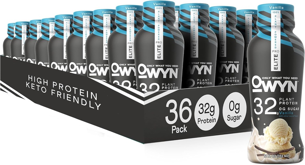 OWYN Ainult see, mida vajate Pro Elite Vegan Kõrge valgu Keto Shake, 32 g valku, 9 aminohapet, Omega-3, prebiootikumid, treening ja taastumine, 0g Net Carbs, null suhkur (Vanilla, 12 Fl Oz (pakk 36)