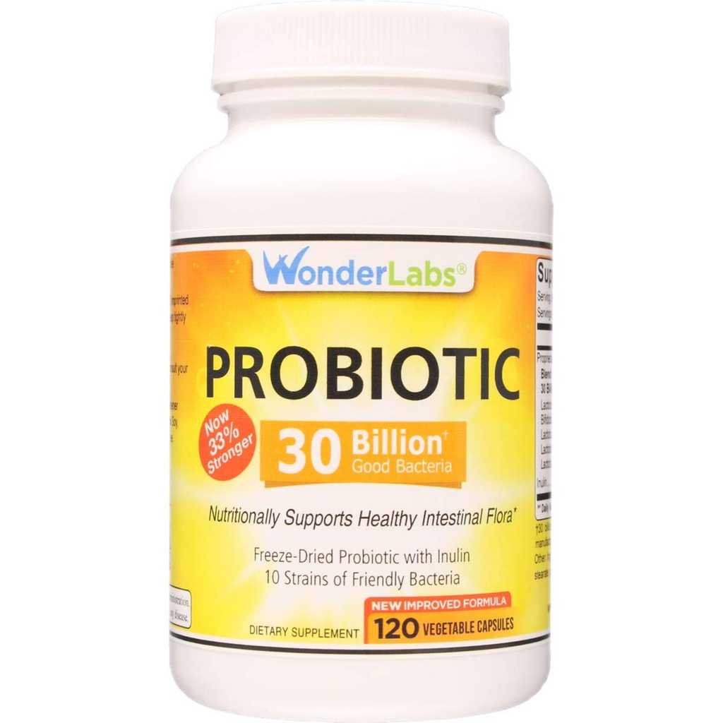 Wonder Laboratories Probiootikum 30 miljardit head bakterid (8 Lactobacillus tüved ja 2 Bifidobacterium tüved), toitumisalaselt toetada tervislikku seedesüsteemi, 120 kapslit