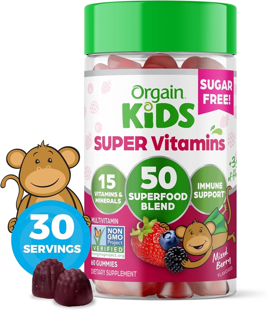 Orgain Kids Sugar Free Multivitamiini Gummies, Vegan & Plant Based, 50 Superfoods, 15 Vitamiinid ja mineraalid, Immune Support ja 3g kiudaineid, segatud Berry, vanuses 4+, 1 kuu pakkumine (60 Gummies)