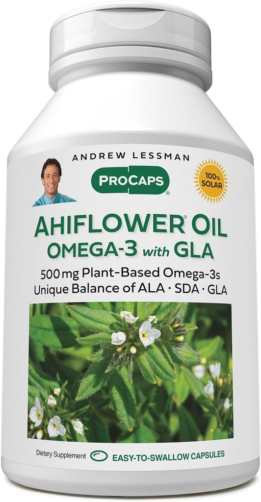 ANDREW LESSMAN Ahiflower Omega-3 koos GLA - 60 Softgels - unikaalselt tasakaalustatud, taimepõhine allikas asendamatu Omega-3 rasvhappeid. Ei mingeid kõhuhäireid, saasteaineid ega elavhõbedat. Lihtne alla neelata