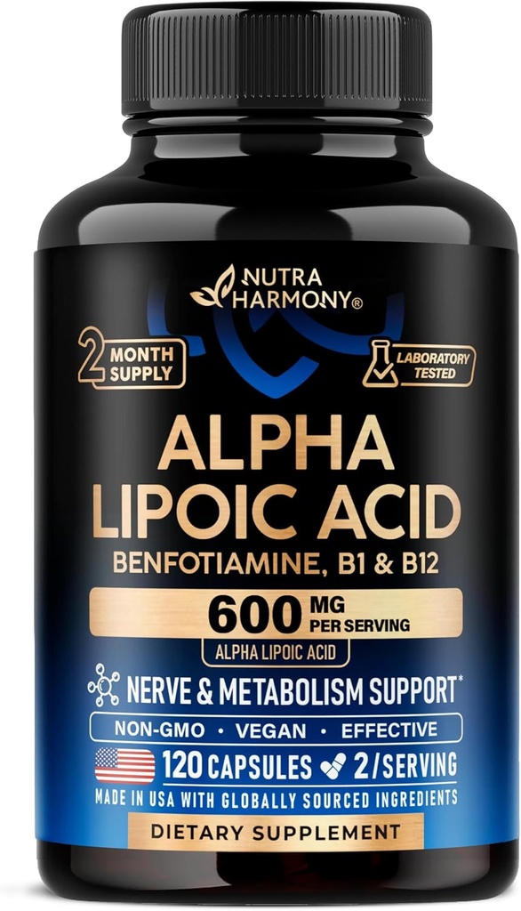 Alpha Lipoic Acid 600mg - ALA täiendus Antioksüdant närvide, energia ja ainevahetuse tugi - ekstra tugevus Benfotiamine, B1 & B12 - Lab testitud, Non-GMO & Vegan - 120 kapslit, 2 kuu pakkumine