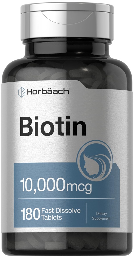 Horbäach Biotin 10000mcg | 180 Kiiresti lahustuvad tabletid | naistele ja meestele | Ilu täiendus | Taimetoitlane, mitte-GMO, gluteenivaba