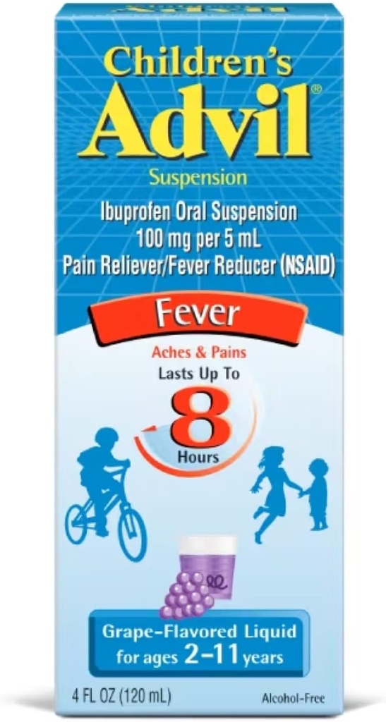 Laste Advil Suspension Ibuprofeen 100mg kiire valu leevendaja ja palaviku vähendaja Viimased kuni 8 tundi Viinamarjamaitse Vedelik vanuses 2 kuni 11 aastat - 3 pakendit 4 FL Oz pudelid