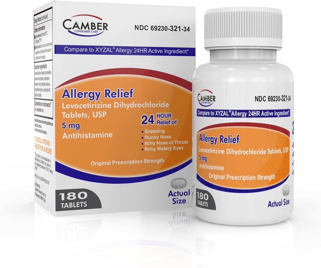 Camber Consumer Care Levotsetirisiin Dihüdrokloriid 5mg Antihistamiini tabletid, allergia leevendamise meditsiin (180 krahv)