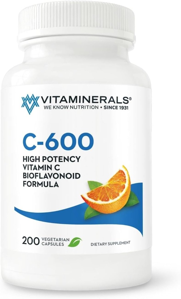 VitamineralsTM Vitamiin C-600® Antioksüdandid Toetavad 600 mg C-vitamiini koos bioflavanoididega - 200 Veggie kapslit