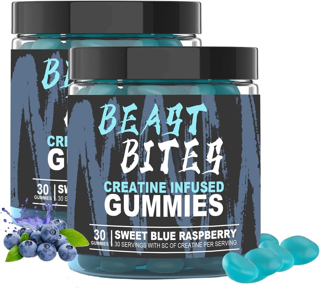 DYALE Beast Bites Kreatiin Bites - 5 g kreatiini monohüdraati serveerimise kohta - ei suhkrut ega kunstlikke värve - madala kalorsusega, vegan ja halal Blue Vaarika Maitse - 30 Gummies (2 tk)