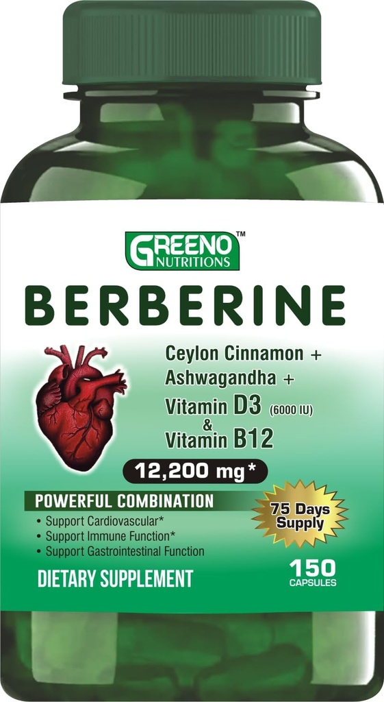 Berberiin 12200mg koos Ceylon Cinnamon Ashwagandha Vitamiin D13 + Vitamiin B12 Immuunsüdametoetus - 75 päeva pakkumine - 150 loend (pakk 1)