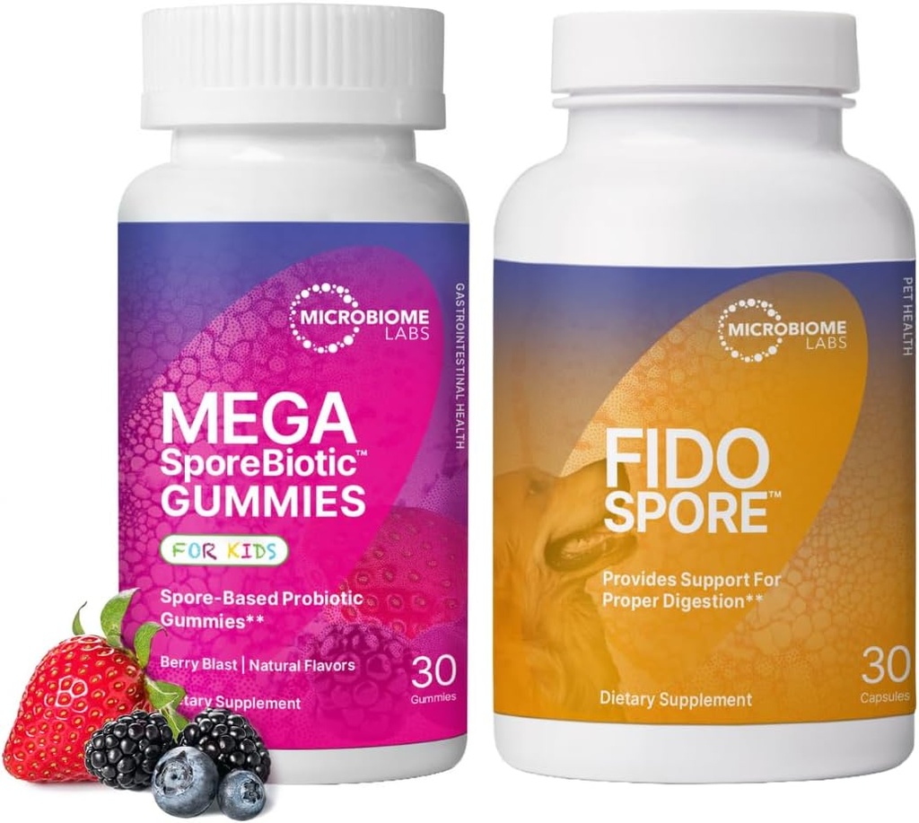Microbiome Labs Kids & Pet Probiootiline Bundle - MegaSporeBiotic lastele + FidoSpore Spore-põhised probiootikumid koertele ja kassidele