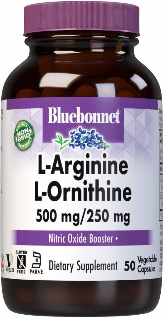 Bluebonnet Nutrition L-arginiin 500mg / L-Orinitiin 250mg, toetab valgu ainevahetust *, sojavaba, gluteenivaba, mitte-GMO, Kosher Certified, Vegan, 50 köögiviljakapslit, 50 serveerimist