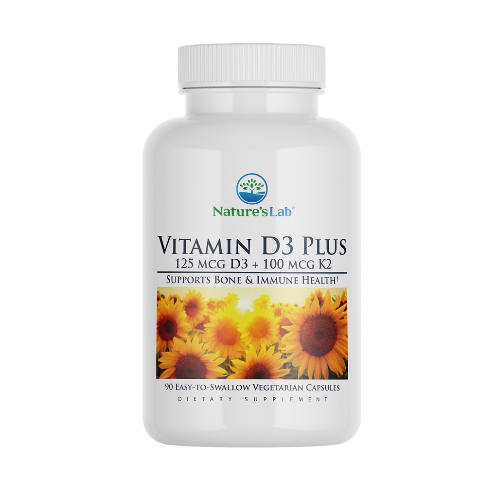 Nature's Lab D3 Plus - sisaldab vitamiine D3 ja K2 (MK7) immuunsuse toetamiseks, tervislikke luid ja südame-veresoonkonna tervist * - gluteenivaba, mitte-GMO - 90 kapslit (3 kuu pakkumine)