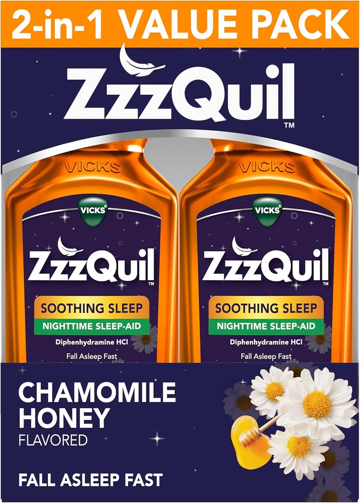 ZzzQuil Liquid Sleep Aid, Soothing Sleep, Diphenhydramine 50mg HCl, Chamomile Honey Flavored, Nighttime Sleep Aid Liquid, Sleep Aids for Adults, 2 Pack, 24 FL OZ